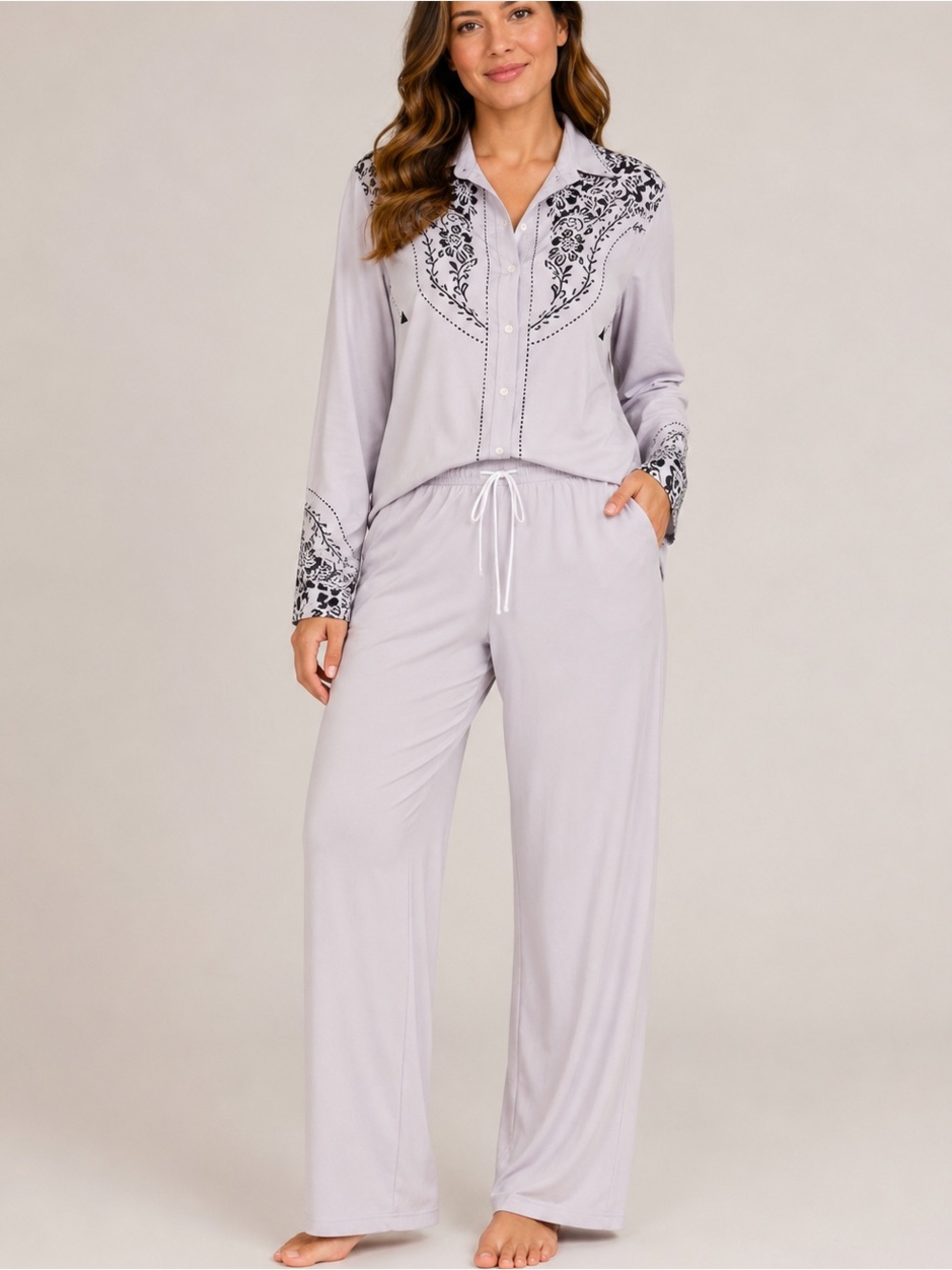 NWT Light Lavender Two-Piece Lounge Set with Black Floral Trim